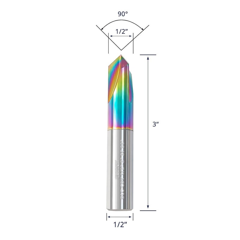 WEXWE Store Tools Chamfer End Mill for Wood, Alloy Steel, Hardened Steel, Carving, Drilling and Chamfering, V Groove, 90 Degree, Mill Bits Sets for DIY, 3 Flute, 1/4" Shank (1 Piece, 1/2 90°) - Image 2